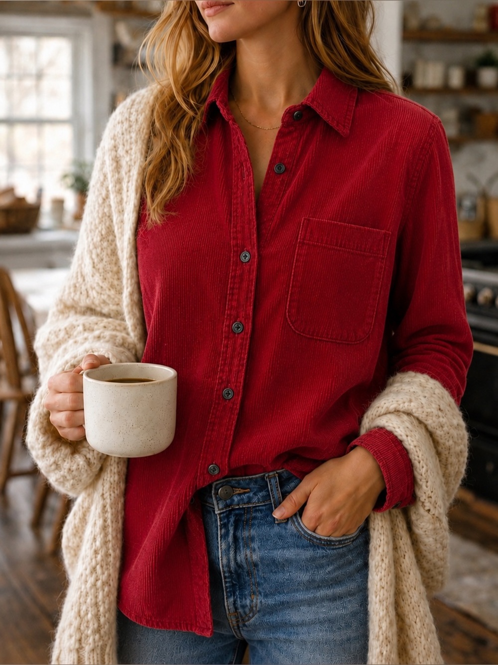Eddie Bauer Women’s Cherry Red Corduroy Shirt, Size S
